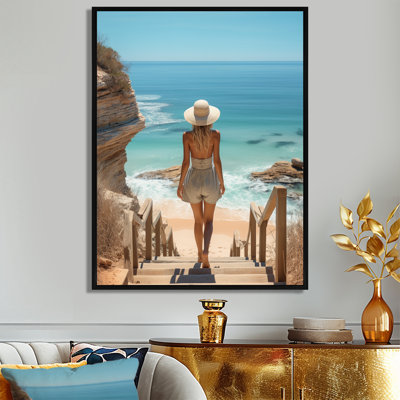 Serene Beach White Summer Hat Blue Ocean - Fashion Woman Wall Art Print