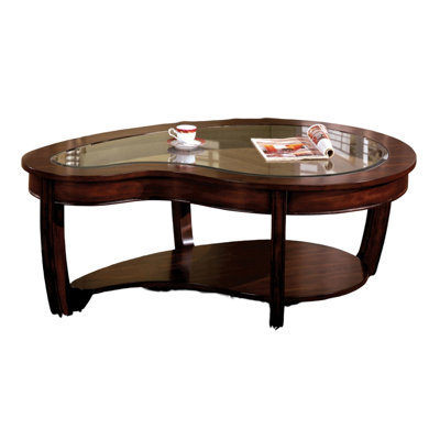 Table basse en bois massif de cerisier foncé avec plateau en verre trempé et tablette inférieure ouverte
