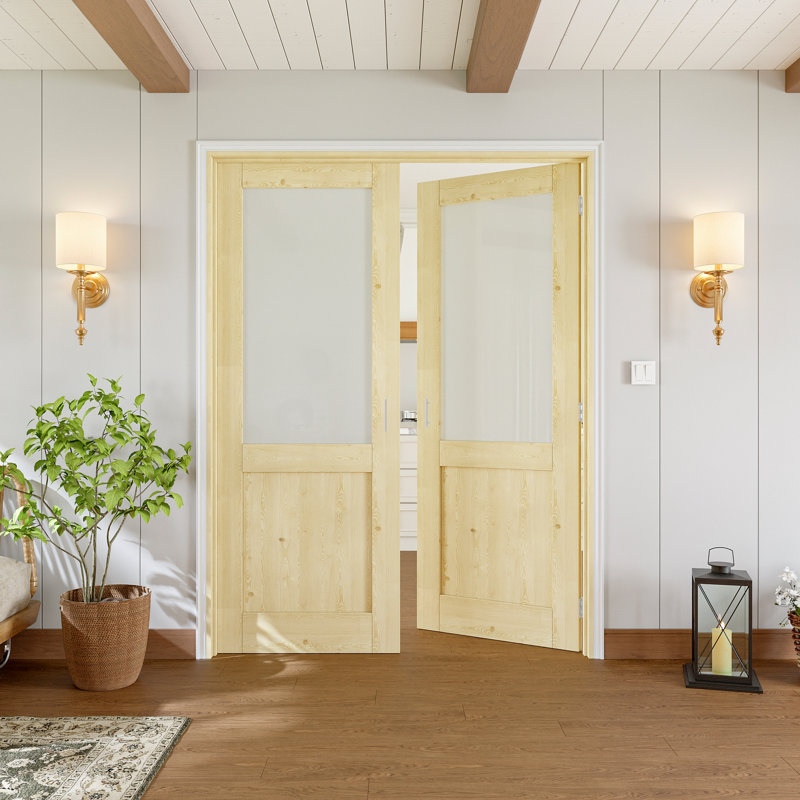 Porte française intérieure de 60 po x 80 po, portes en bois de pin semi-léger et en verre trempé givré sans cadre, bois de pin massif à peindre sans finition, charnières à billes complètes et charnières et poignées en nickel satiné, fabrication en bois de pin naturel robuste et verre d'intimité et en verre givré