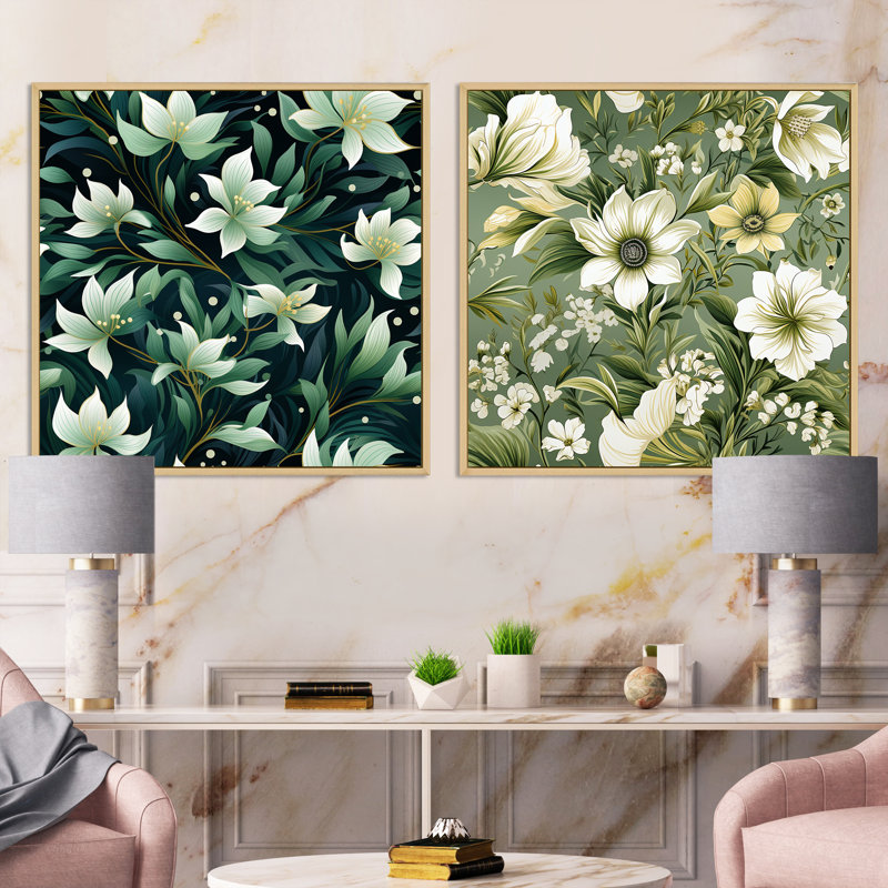 Langelier - Ensemble de 2 collages carrés floraux, Cadre flottant brun, H 36 po x l 73 po