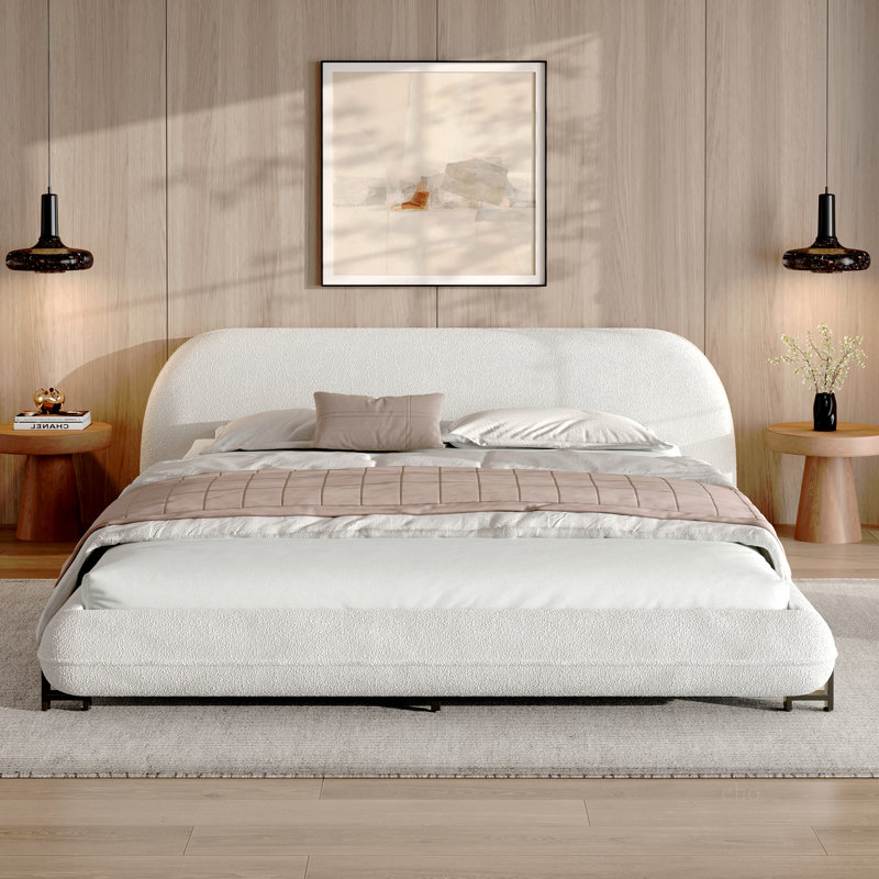 Structure de lit tapissier pour grand lit avec tissu bouclé et pieds en acier