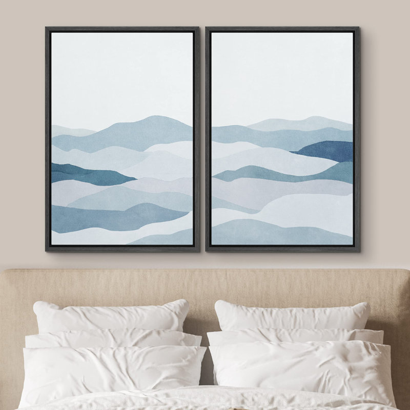 Bleu, aquarelle, chaîne de montagnes, paysage, vagues, formes abstraites, moderne, minimaliste chic, Noir, H 24 po x l 16 po
