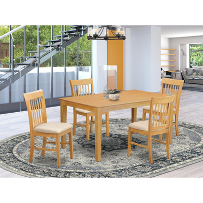 5 Piece Modern Dining Table Set Includes a Rectangle Wooden Table and 4 Linen Fabric Upholstered Chairs, 36x60 Inch, Oak