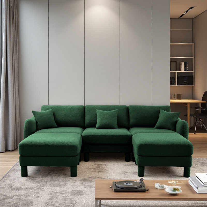 Boucle Fabric Convertible U Shape Sectional 3-Seater Sofa Couch With Distinctive Shell-Shaped Armrests And Removable Ottoman