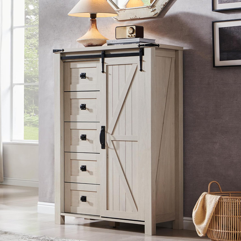 Commode 5 tiroirs avec porte de grange coulissante Charithra, Aulne blanc