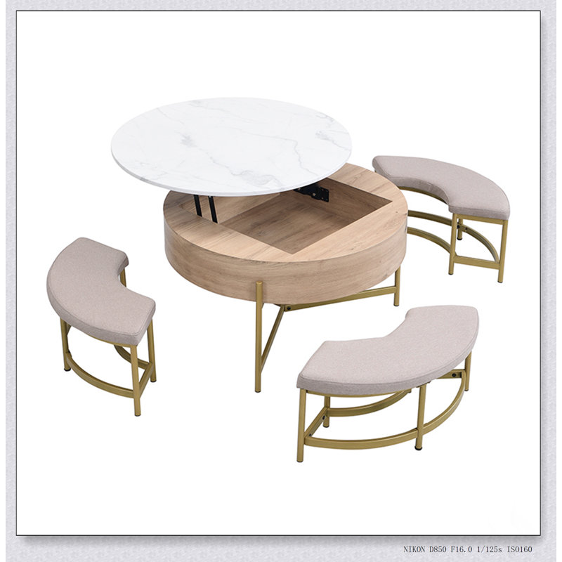 Table basse moderne à plateau relevable avec rangement et 3 repose-pieds, parfaite pour les espaces de vie élégants et fonctionnels