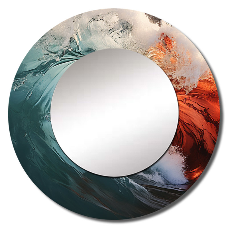 Vague verte rouge, merveille colorée II - grand miroir côtier, miroir mural rond rond vert, impression d'art en métal
