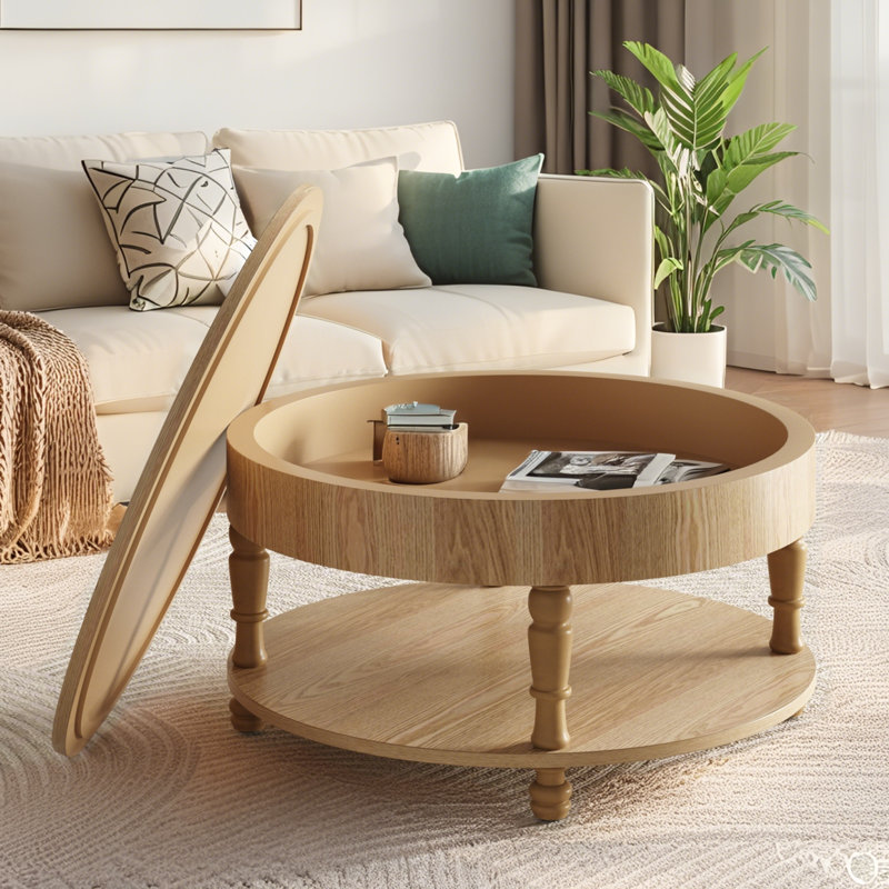 Table basse ronde de 31,5 po avec rangement double et pieds réglables, Bois naturel