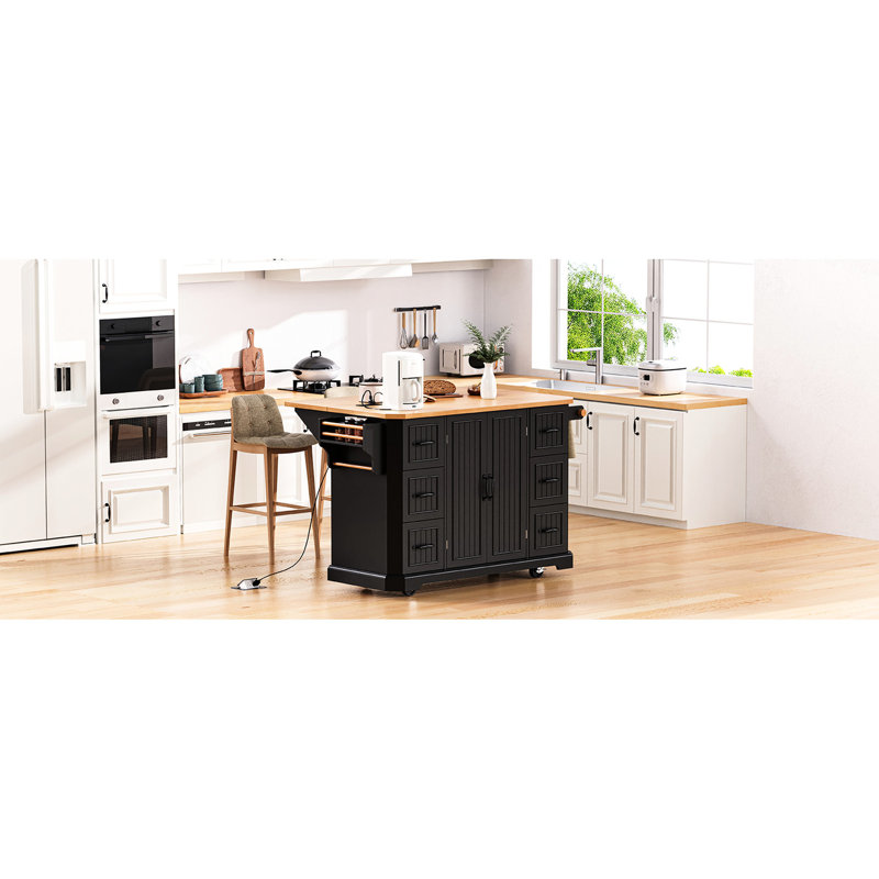 Grand îlot de cuisine avec rangement interne et 6 tiroirs, station de charge à tablettes réglables noires de 56 pouces