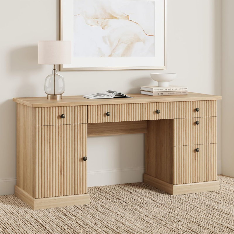 Bureau de bureau cannelé 60 po avec station de charge, bureau d'ordinateur de direction moderne avec classeur 60 po