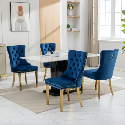 Chaise de salle à manger rembourrée en velours Contemporary, bois massif touffeté, pieds en acier inoxydable doré, garniture cloutée, ensemble de 2, bleu et or