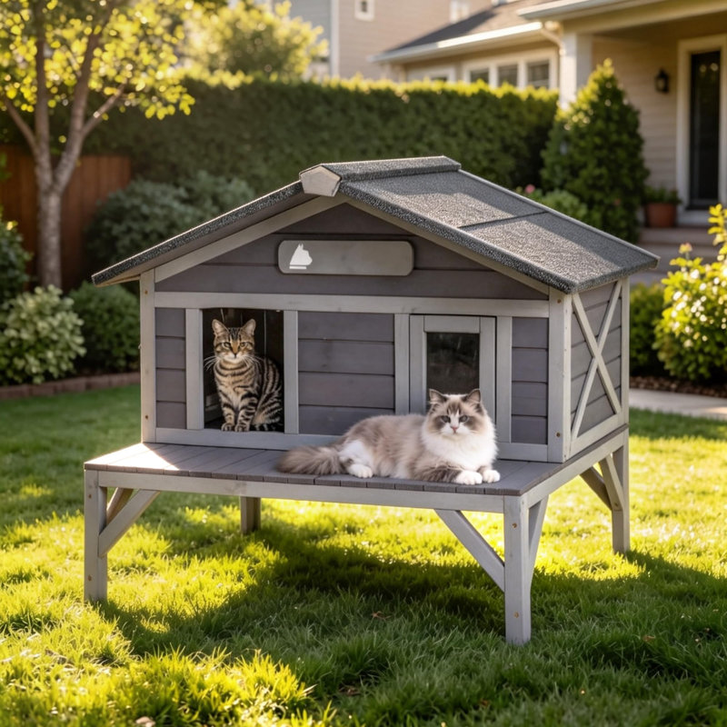 Abri extérieur en bois pour chat pour l'extérieur avec abri pour chat, Gris, Non