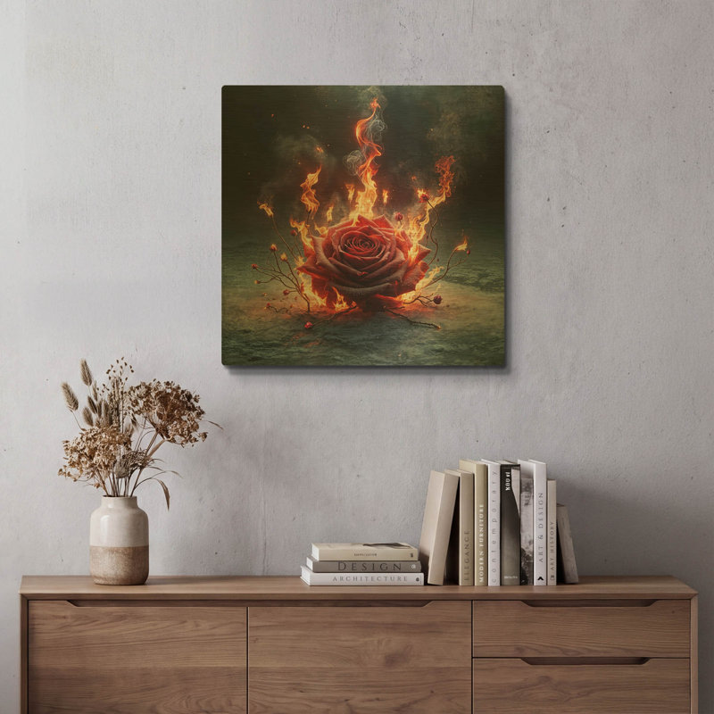 «Red Rose on Fire 4» par Rey Klimt, art mural en métal, 24 po x 24 po