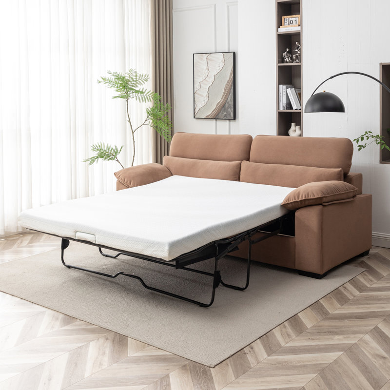 Canapé-lit 2 places, canapé moderne de style Mid-Century, canapé-lit convertible grand format avec structure en bois et revêtement en polyester, conception escamotable, capacité de 300 lb - peu encombrant pour le salon, brun