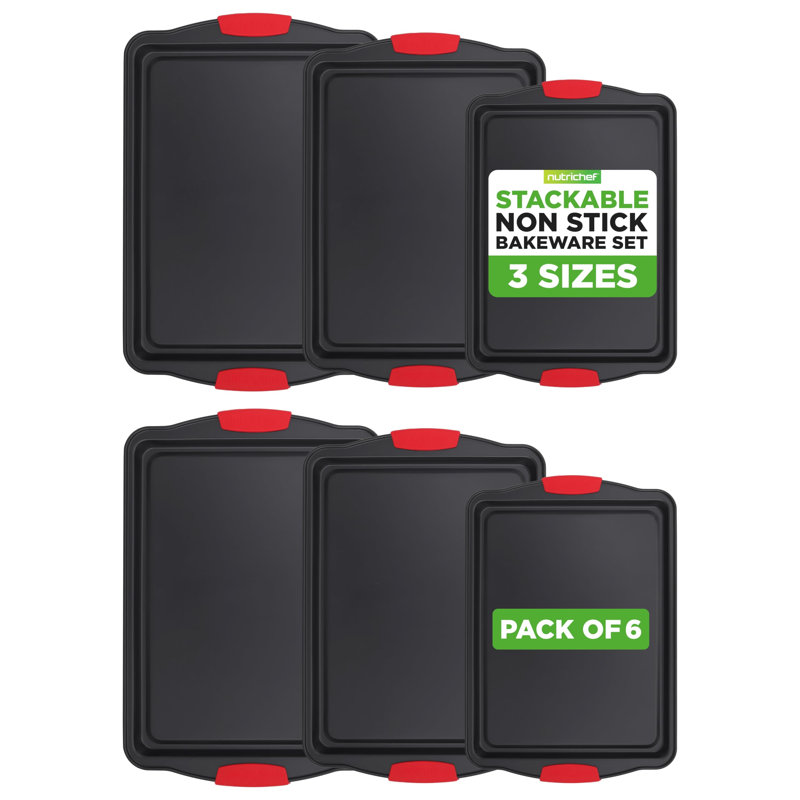 Nutrichef Nonstick Baking Pans Set – Premium Cookie Sheets For Baking, Carbon Steel Stackable Baking Trays With Red Silicone Handles, Oven Safe Pans For Cookies, And Cakes, Dishwasher Safe (6 Pack)
