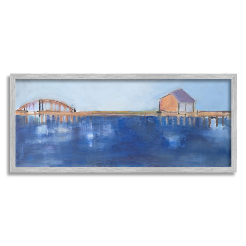 «Abstract Bay Landscape Deep Blue Water Bridge Architecture» par Susanne Marie - Peinture, H 13 po x l 30 po