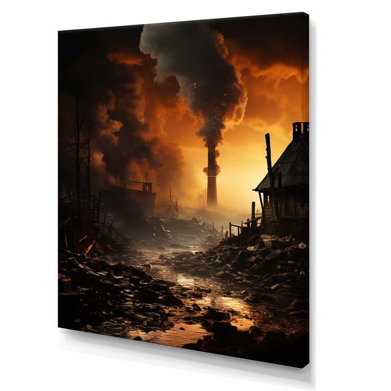 Paysage industriel monochrome au coucher du soleil sur toile, Toile tendue, H 20 po x l 12 po x P 1 po