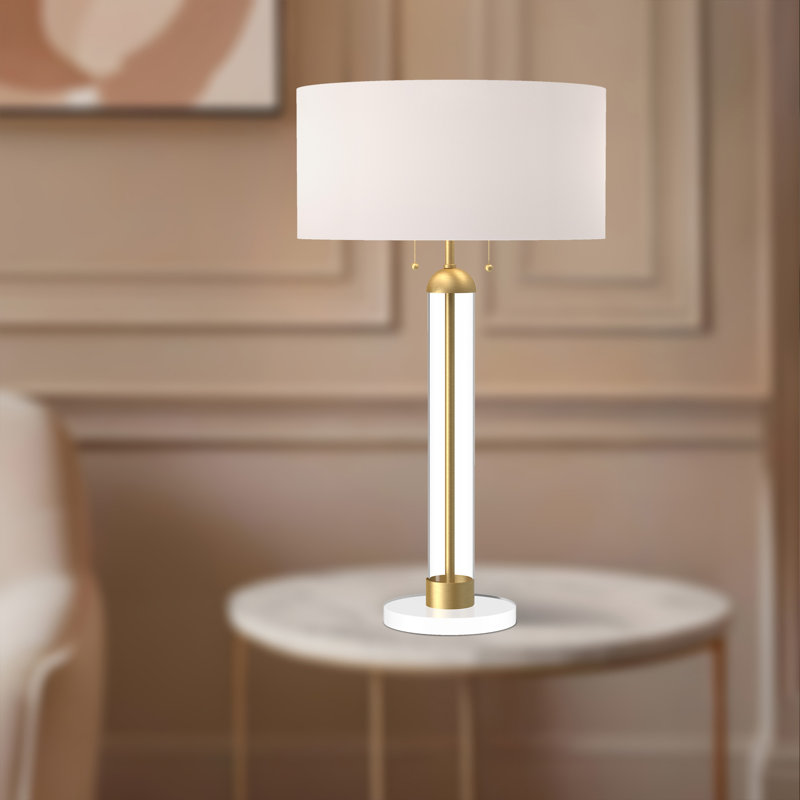 Brushed Gold and Clear Glass Buffet Table Lamp with White Shade