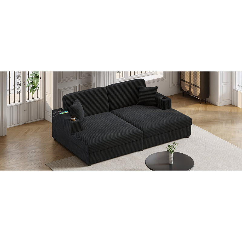 Canapé-lit modulaire 86,5 po avec deux ports USB, deux porte-gobelets et deux coussins décoratifs pour salon et chambre à coucher
