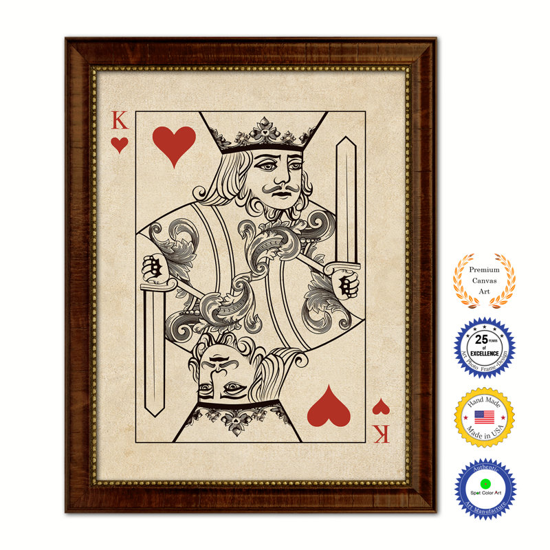 «King Heart Poker», reproduction de cartes rétro sur toile brune encadrée sur mesure