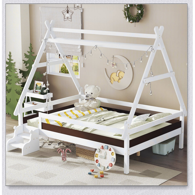 Lit plateforme House avec escalier, structure en bois massif, profil bas et conception amusante pour les chambres d'enfants