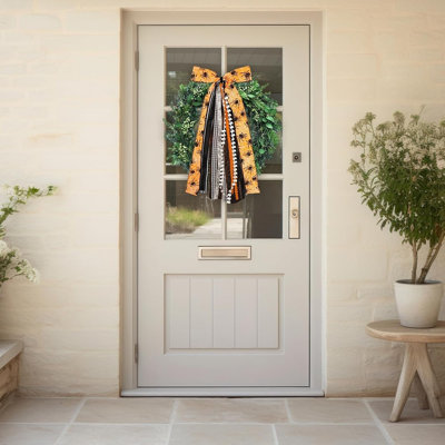 Halloween Ribbon Bow Set for Wreaths, Orange Spider Web Ribbon with Black White Stripes and Plaid Patterns, Decorative Clip-On Bows for Front Door, Porch, Wall, Indoor Outdoor Seasonal Home Decor