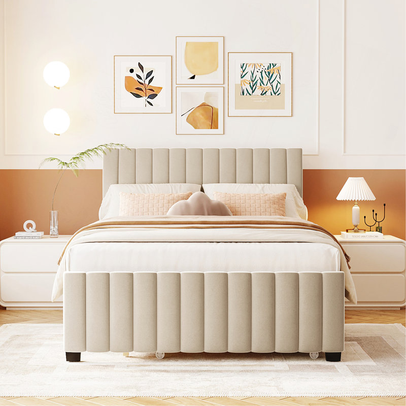 Lit plateforme double en velours avec lit gigogne, Beige
