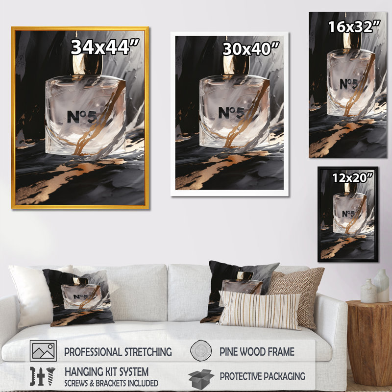 «Black Perfume Bottle Masterpiece», art mural sur toile, H 40 po x l 30 po, Cadre flottant doré