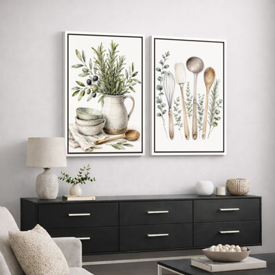 «Farmhouse Kitchen Herb and Utensil Artwork», images de cuisine, impression sur toile encadrée, 2 pièces