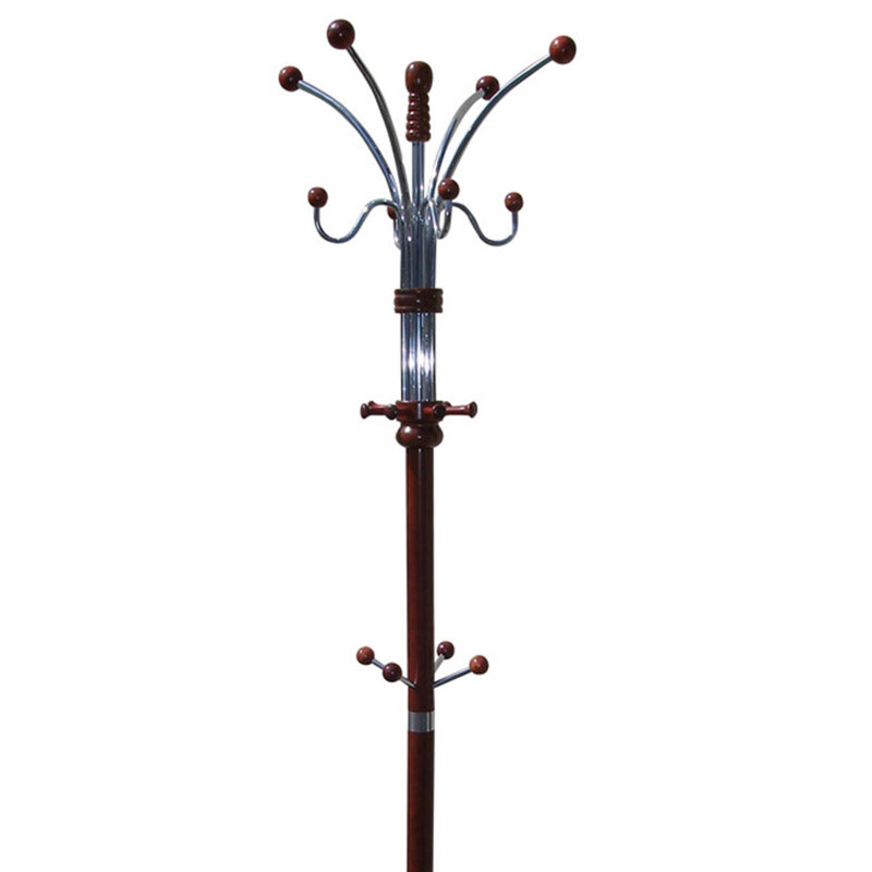 73" Tall Chrome And Wood Coat Rack, Cherry