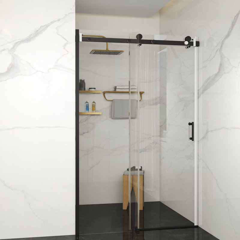 Porte de douche coulissante simple sans cadre de 48 à 48,8 po x H 76 po avec verre trempé transparent de 8 mm, finition noire