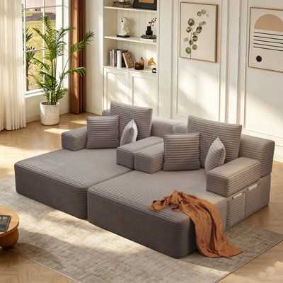 Luxurious Corduroy 2-Piece Double Chaise Lounge Set, 2-In-1 Convertible Sofa Bed With Pillows And Storage Pocket, For Small Spaces