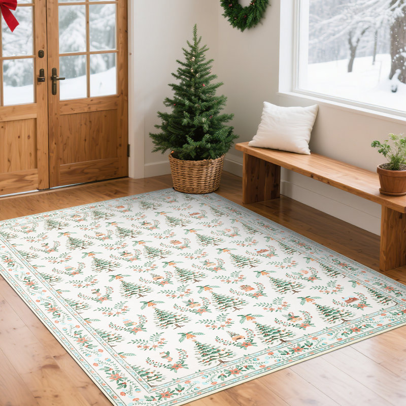 Tapis de Noël, motif de sapin festif, lavable, antidérapant, à poils courts, idéal pour le salon, la chambre ou l'entrée.