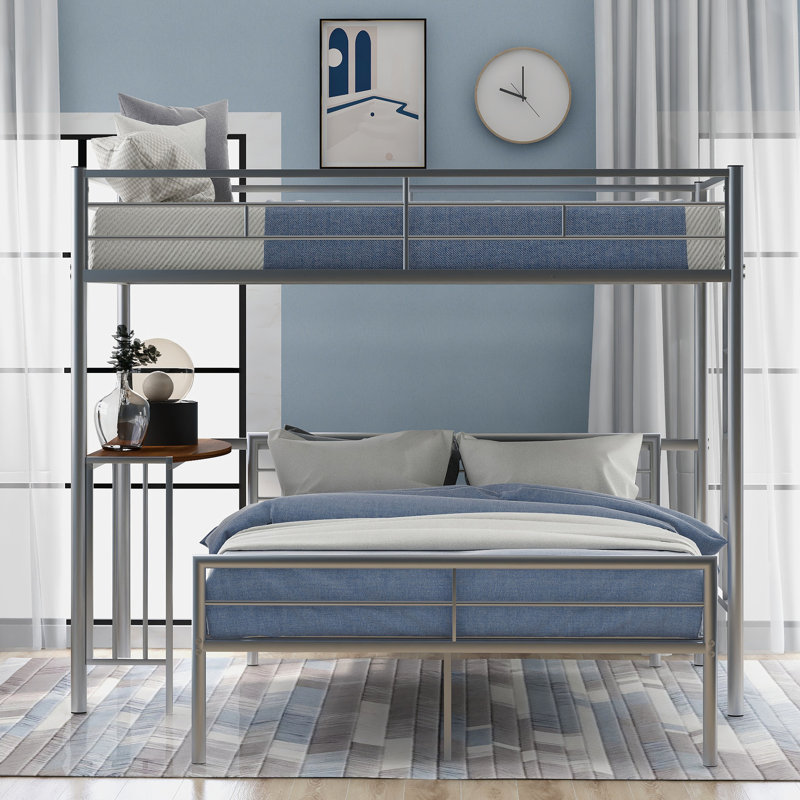 Lit superposé en métal avec bureau intégré - simple sur double, argent métallique pour une élégance de chambre à coucher solide et stable