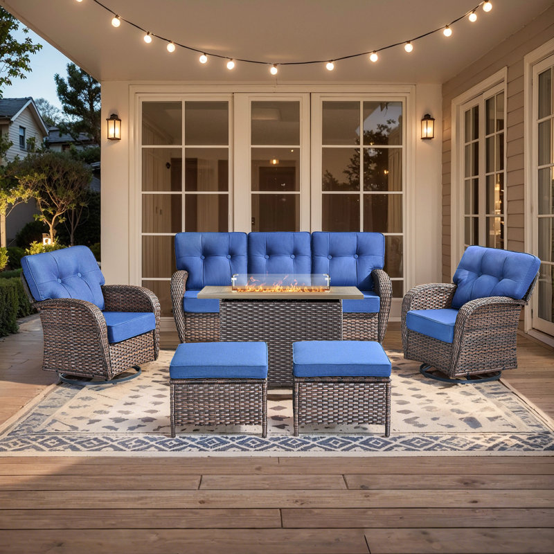 Ensemble de conversation pour patio en osier 6 pièces avec table rectangulaire et chaises pivotantes Teebeck, Bleu