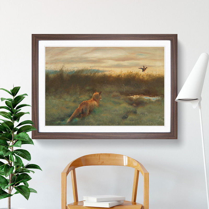 Fox and Duck by Bruno Liljefors - Picture Frame Painting, 48cm H x 65cm W x 2cm D, Walnut Framed