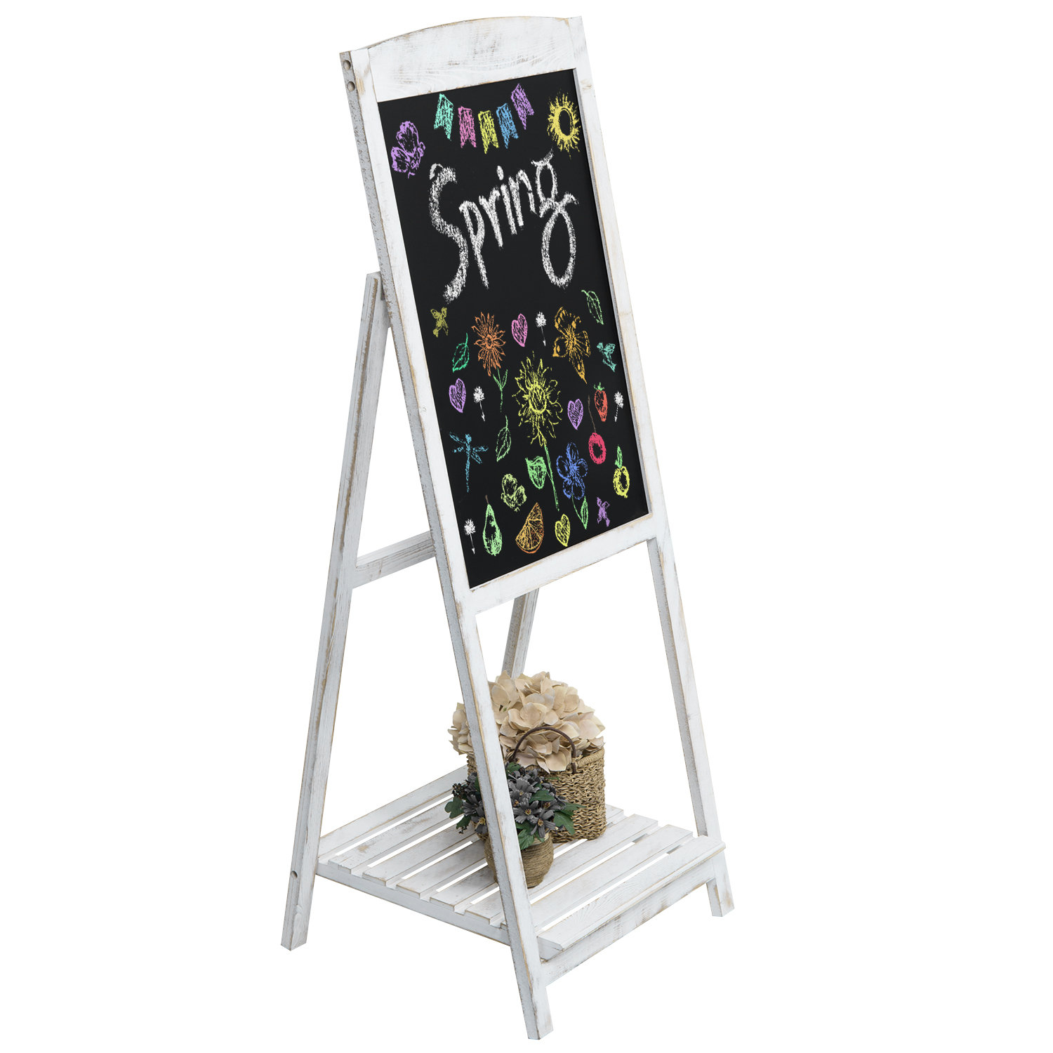 Rosalind Wheeler A-Frame Wood Standing Chalkboard Sign w/ Display Shelf ...