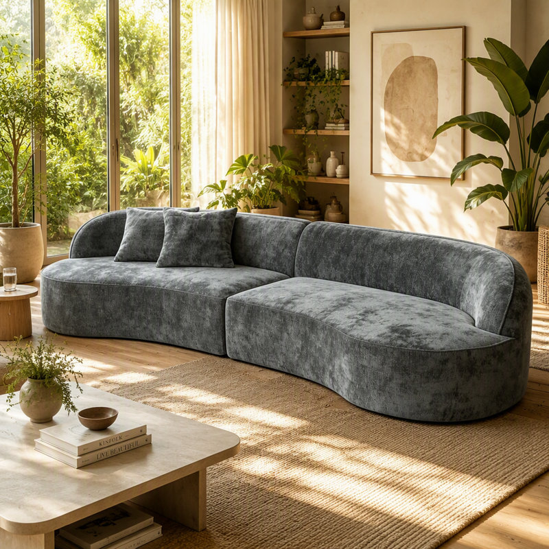 Canapé d'angle modulaire incurvé en chenille de 114 pouces avec assise profonde et structure inclinable, gris, Chenille gris