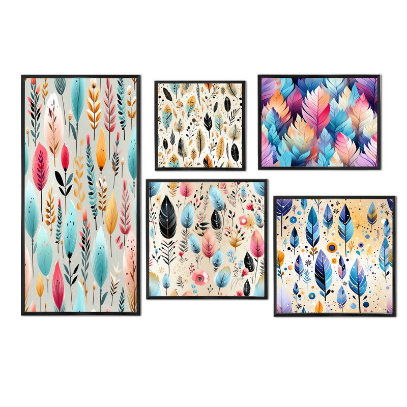 Motif bohémien rustique - ensemble de 5 impressions sur toile florales, Cadre flottant noir