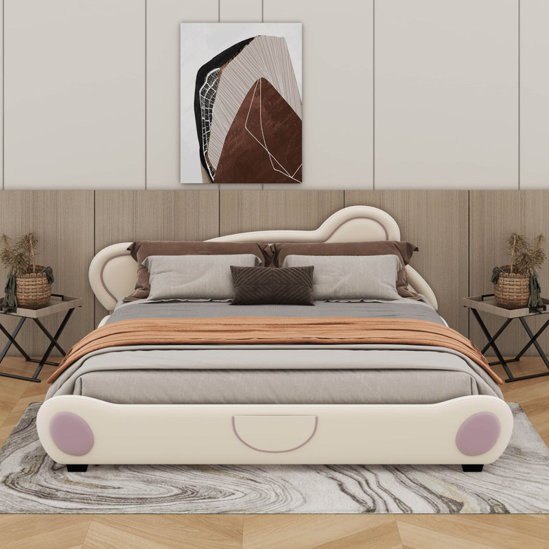 Lit plateforme en velours avec tête de lit en forme d'ours et poche de bout de lit, Beige, Grand lit