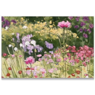 Tableau aquarelle sur toile représentant un jardin de fleurs sauvages, croquis floral de coquelicots roses.