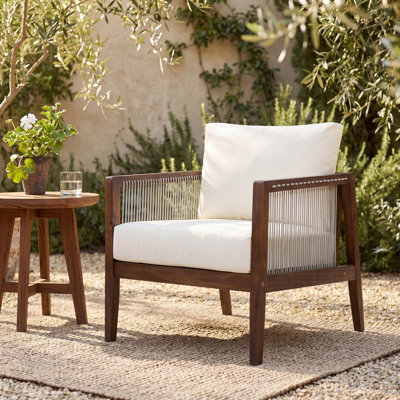 Fauteuil club d'extérieur en bois d'acacia avec dossier en corde et coussins hydrofuges pour patio, cour arrière, terrasse