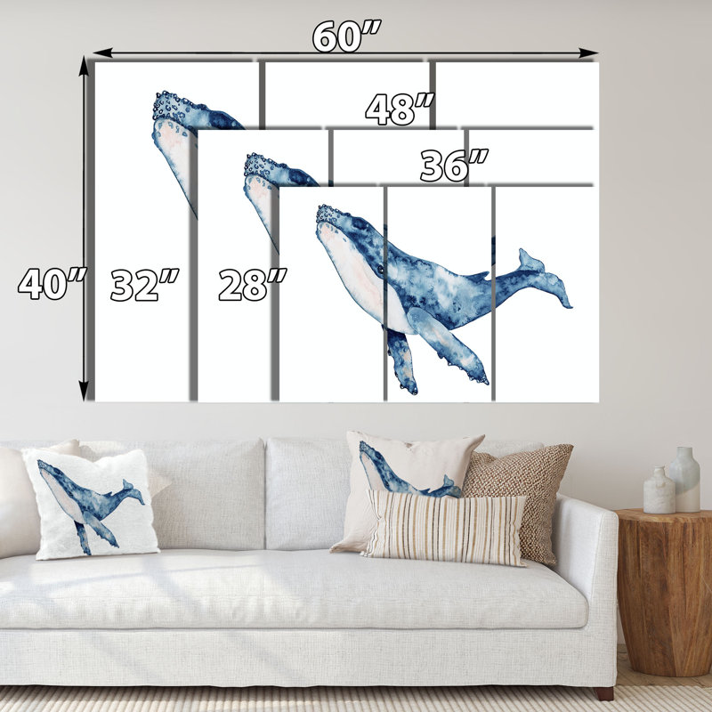 Baleine bleue sur fond blanc II - reproduction d'art sur toile nautique et côtière, H 40 po x l 60 po x P 1 po