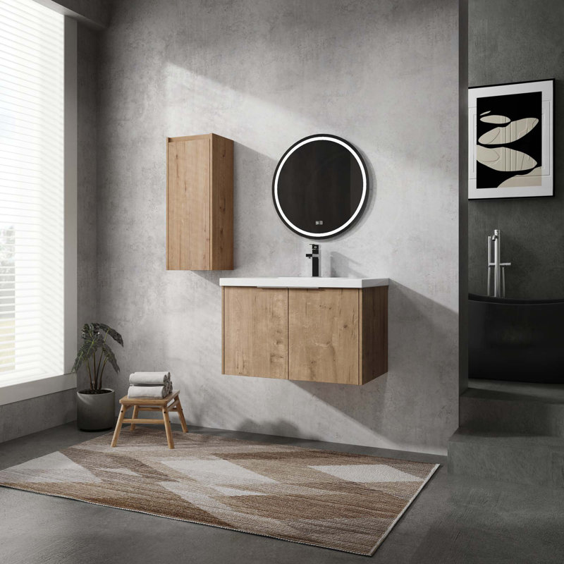 Meuble-lavabo mural avec lavabo et armoire latérale, portes à fermeture douce, armoire combinée