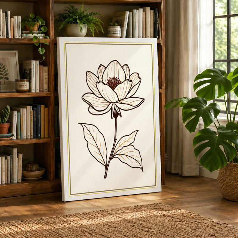 Lotus in Line Botanical 1 Piece Wrapped Canvas Wall Art, 30x20 - 76.2 x 50.8 cm, Terracotta Border