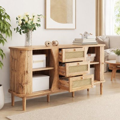 Buffet avec portes coulissantes en rotin et tablettes réglables
