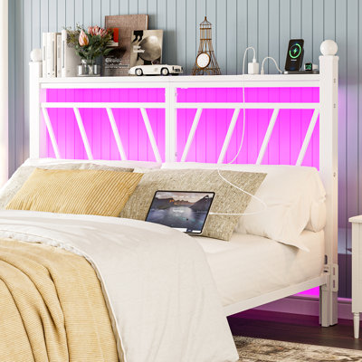  Tête de lit en métal pour lit grand avec rangement, 60 000 couleurs de lumières à DEL, tête de lit avec station de charge, tête de lit autoportante moderne seulement, assemblage facile, blanc
