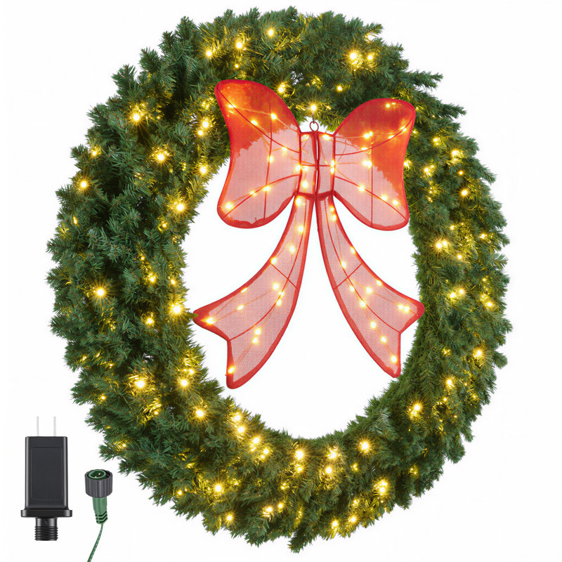 Couronne de Noël à DEL avec grand nœud rouge, 48 po