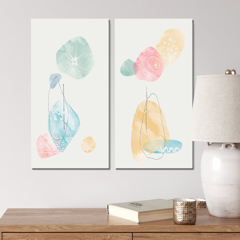 «Minimalistic Foliage with Pastel Shapes II», ensemble de 2 peintures, Toile tendue, H 20 po x l 24 po x P 1 po