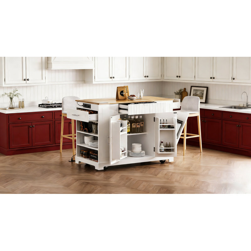 Îlot de cuisine cannelé K&K avec poubelle dissimulée, prise de courant et grand rangement sur 5 roues, blanc